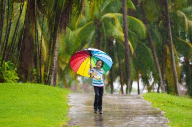 Sonbahar yağmurunda oynayan çocuk. Parktaki çamurlu su birikintisine atlayan çocuk. Şiddetli sonbahar yağmuru altında renkli şemsiyeli küçük bir çocuk. Fırtınalı yağmurlu hava eğlencesi.