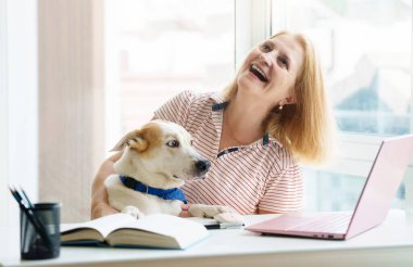 Dizüstü bilgisayarı ve cep telefonu olan bir kadın köpekle oynuyor. Evden çalışıyorum. Ev sahibinin çalışmasını izlemek komik. Güneşli ofiste güzel, mutlu bir kadın. İşyerinde serbest çalışan biri. Online alışveriş ve bankacılık.