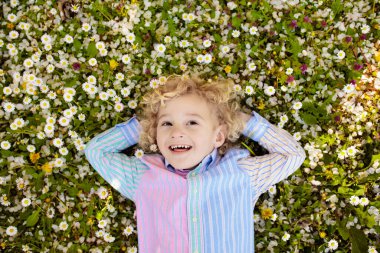 Daisy ve karahindiba çiçekler gün güneşli yaz yeşil çim çimen çocuk. Bahçede oynayan çocuk. Rüya ve rahatlatıcı küçük çocuk. Paskalya yortusu yumurta çocuklar bahar parkta avlamak. Bahçe çocuk.