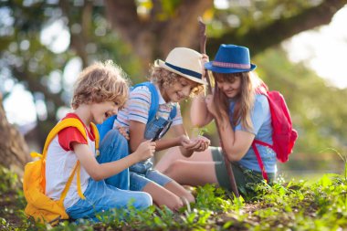 Çocuklar doğayı keşfeder. Çocuklar güneşli yaz parkında yürüyüş yaparlar. İzci kulübü ve açık hava bilimi dersi. Erkek ve kız büyüteçle bitkileri izliyor. Çocuk çevreyi keşfediyor. Genç kaşif macerası.