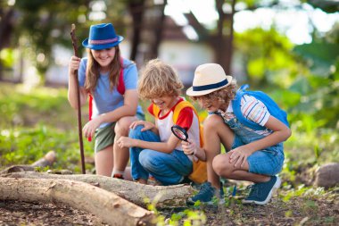 Çocuklar doğayı keşfeder. Çocuklar güneşli yaz parkında yürüyüş yaparlar. İzci kulübü ve açık hava bilimi dersi. Erkek ve kız büyüteçle bitkileri izliyor. Çocuk çevreyi keşfediyor. Genç kaşif macerası.