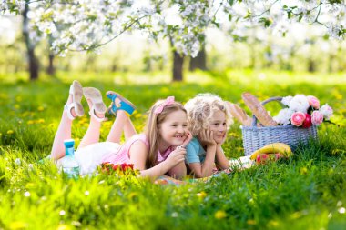 Bahar Parkı 'nda çiçek açan kiraz ağaçlarıyla aile pikniği. Çocuklar dışarıda meyve ve ekmek yiyorlar. Çiçekli elma bahçesinde piknik sepetiyle battaniyenin üzerinde oturuyorlar. Çocuklar için sağlıklı beslenme.