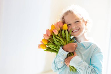 Çiçek buketi olan çocuk. Anneler günü selamı. Bir sürü lalesi olan küçük bir çocuk. Anneme bir hediye. Bahar doğum günü hediyesi. Güneşli oturma odasında annesi için düzinelerce çiçek tutan bir çocuk..
