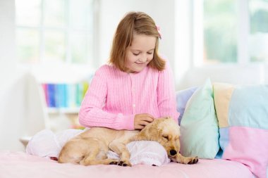 Bebek köpekle oynayan çocuk. Çocuklar köpek yavrusuyla oynar. Küçük kız ve Amerikan cocker spaniel evde yatakta. Çocuklar ve evcil hayvanlar evde. Çocuk evcil hayvanla şekerleme yapıyor. Hayvan bakımı.