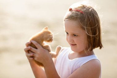 Bebek kedi kucağında. Çocuklar ve evcil hayvanlar. Küçük kız yaz bahçesinde küçük sevimli kediciğe sarılıyor. Çocuklu bir aile hayvanı. Evcil hayvanları olan çocuklar.. 