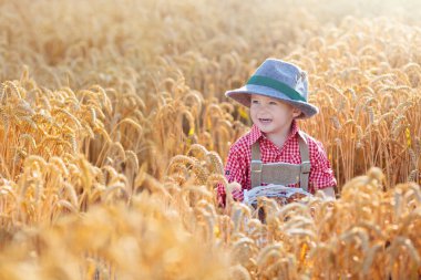 Buğday tarlasında ekmek ve krakerle bir çocuk. Almanya 'da Ekim Festivali zamanı. Geleneksel Alman kıyafetleri ve deri pantolonları içinde sonbahar hasat tarlasında çocuklar..