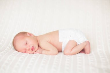 Beyaz güneşli yatak odasında sevimli bir bebek. Yeni doğmuş çocuk yatakta dinleniyor. Küçük çocuklar için çocuk odası. Çocuklar için tekstil ve yatak. Aile sabahı evde. Oyuncak ayıyla karnını doyururken doğan yeni çocuk..