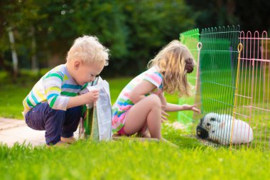 Çocuklar güneşli bahçede tavşanı besler. Çocuklar tüylü tavşanı besliyor. Çocuk, evcil hayvan ve ev. Hayvani dostluk ve ilgi. Paskalya tavşanları.