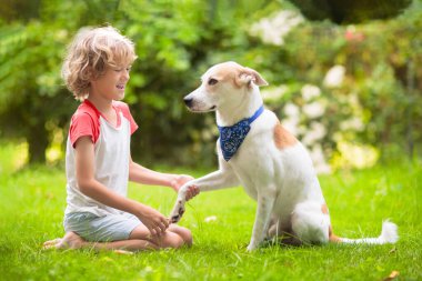 Güneşli yaz bahçesinde bir köpekle oynayan çocuk. Çocuk yürüyen köpek yavrusu. Çocuklar ve evcil hayvanlar. Hayvani sevgi ve bağlılık. Evcil hayvanlı çocuk. En iyi arkadaşlar. Çocuklar ve hayvanlar dostluk.