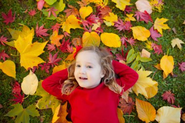 Mutlu çocuklar oyun sonbahar günü sıcak güneşli güzel sonbahar Park'ta. Çocuklar oyun altın akçaağaç yaprakları ile.