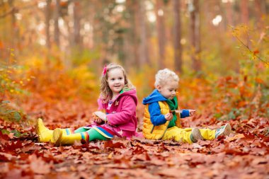 Mutlu çocuklar oyun sonbahar günü sıcak güneşli güzel sonbahar Park'ta. Çocuklar oyun altın akçaağaç yaprakları ile.