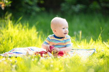 Bebek çocuk yeme elma yeşil çim renkli battaniye oynamaya. Çocuk yaz bahçesinde aile pikniği eğleniyor. Çocuklar meyve yiyin. Sağlıklı beslenme için küçük bir çocuk. Elma ile çocuk.