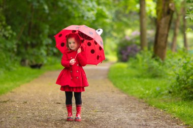 Küçük kız yağmurlu yaz parkta oynarken. Çocuk ile kırmızı uğur böceği şemsiye, ceket ve su birikintisine atlama bot su geçirmez ve yağmurda çamur. Sonbahar duş yürüyüş çocuk. Herhangi bir hava açık eğlence.