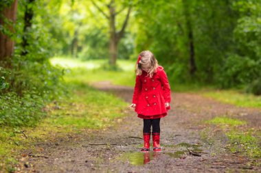 Küçük kız yağmurlu yaz parkta oynarken. Çocuk ile kırmızı uğur böceği şemsiye, ceket ve su birikintisine atlama bot su geçirmez ve yağmurda çamur. Sonbahar duş yürüyüş çocuk. Herhangi bir hava açık eğlence.