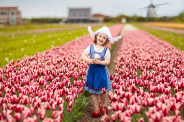 Mutlu Hollandalı çocuklar lale çiçekleri alanında oynarken. Hollanda Hollanda'da bir yel değirmeninin yanında geleneksel ulusal kostüm, ahşap takunya ve şapka ile oynayan erkek ve kız 