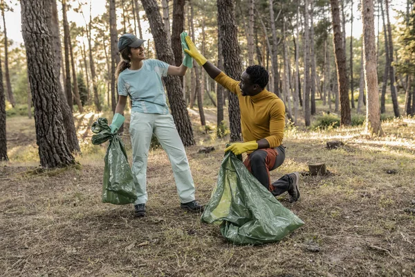 Multiracial volunteers with garbage bags doing charity work by collecting garbage on a sunny day in the woods