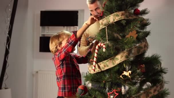 Vader Met Zoon Zet Lichten Kerstboom — Stockvideo