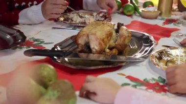 Noel yemeği için pişirilmiş tavuk yakın plan. Tatil yemekleri konsepti