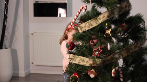 クリスマスツリーを飾る家族 娘と一緒に家でクリスマスツリーを飾るのを手伝ってる若い父親 — ストック動画