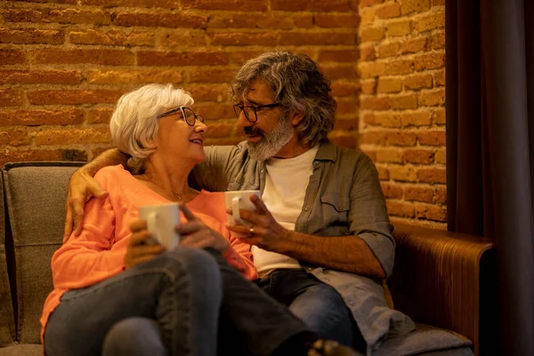 Senior Couple Gray Hair Embracing Looking Each Other Having Hot — Stock Photo, Image