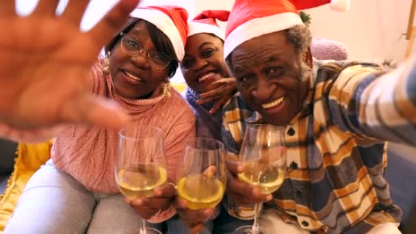 Videogesprek Afrikaanse Amerikaanse Familie Grootouders Met Kleindochter Nemen Selfie Kerstavond — Stockvideo