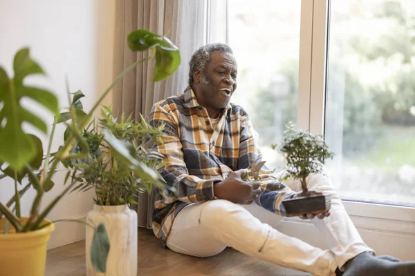 retired african american old man at home caring for his bonsai