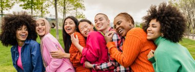 diverse multiracial women having fun outdoors laughing together, a group of women with different body sizes and different cultures clipart