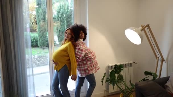 Two Pregnant Mutliracial Women Home Happy Lesbian Couple Having Baby — Stok video