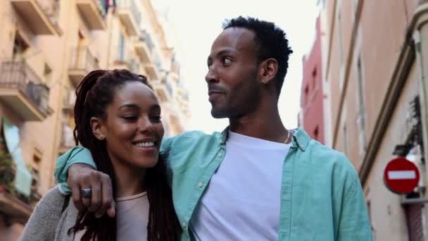 African American Couple City Street Hugging Walking — Vídeos de Stock
