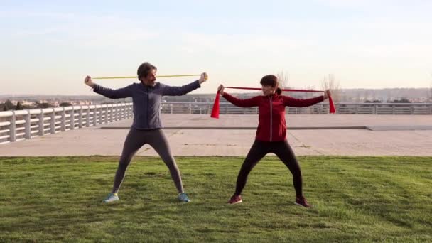 Enthusiastic Active Senior Couple Exercising Using Resistance Bands Sunny Park — Video