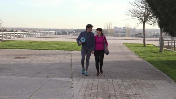 大人のカップルは公園でヨガマットで歩く 彼らは年齢としてフィットを維持 — ストック動画
