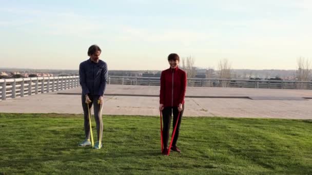 Mature Couple Doing Exercises Resistance Bands Nice Park Concept Taking — Video