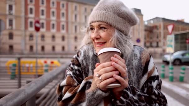 Senior Woman Gray Hair Winter Street Cold Has Glass Coffee — Video