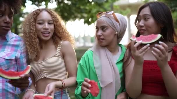 Close Portrait Cheerful Multiracial Friends Holding Pieces Watermelon Smiling Camera — Stock Video