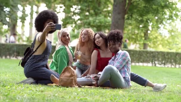 Groep Van Glimlachende Multiraciale Vrouwelijke Beste Vrienden Zitten Samen Deken — Stockvideo
