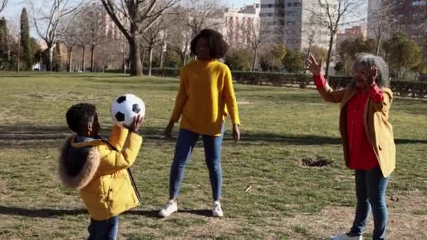 Familie Spielt Gemeinsam Fußball Park Afroamerikaner Großmutter Tochter Und Enkel — Stockvideo