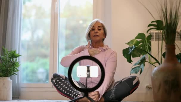 Mature Woman Yoga Teacher Online Classes Home — Stock Video