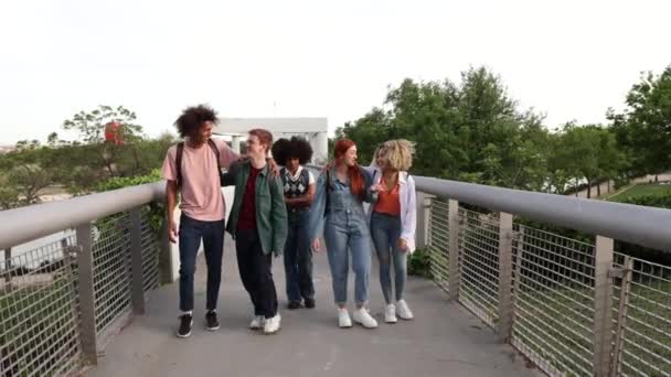 Grupo Estudiantes Caminando Chica Siente Sola Marginada Triste Con Depresión — Vídeo de stock
