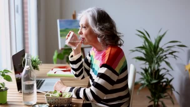 Volwassen Vrouw Met Laptop Thuis Drinken Water — Stockvideo