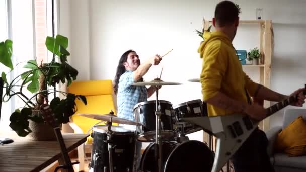 Music Band Rehearsing Playing Drums Guitar — Stock Video