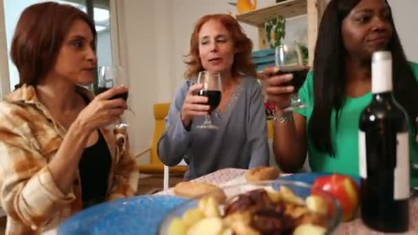 Multiracionális Nők Összegyűltek Egy Étkezésre Több Generáció Idősebb Generáció Pohárköszöntő — Stock videók