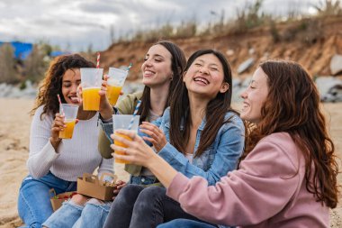 group of diverse female friends having drink on the beach clipart