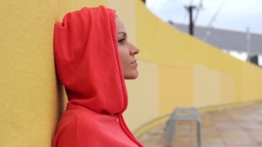 woman hoodie, athlete shaved hair mature