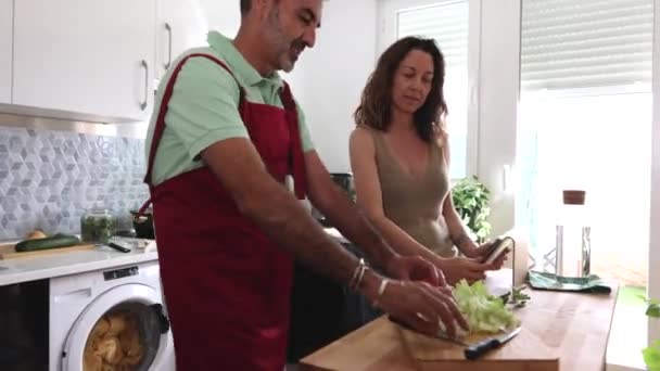 Caucasian Mature Couple Kitchen Preparing Vegetable Healthy Food — Video Stock