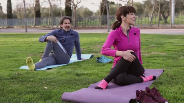 Volwassen Stel Doen Yoga Het Park Lichaamsbeweging Stretching Generatie — Stockvideo