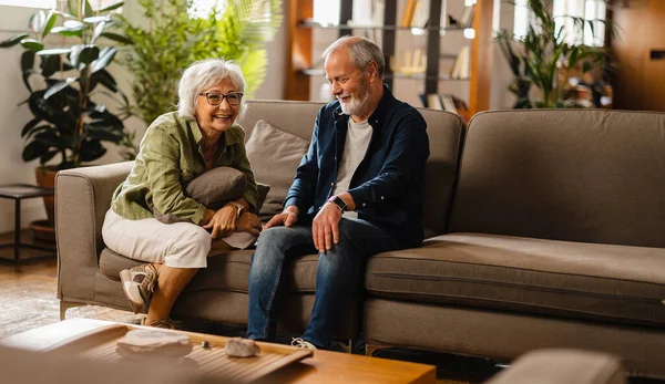 happy senior couple at home sofa having fun laughing together - retirees enjoying free time together -