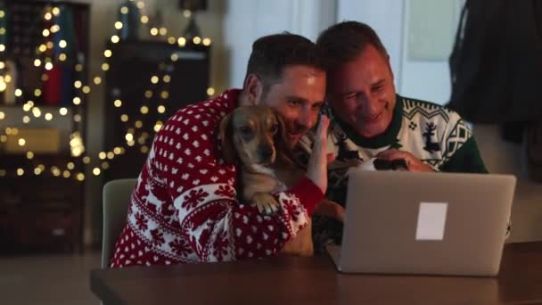 Christmas Video Call Gay Couple Filled Festive Spirit Twinkling Lights — Stock Video