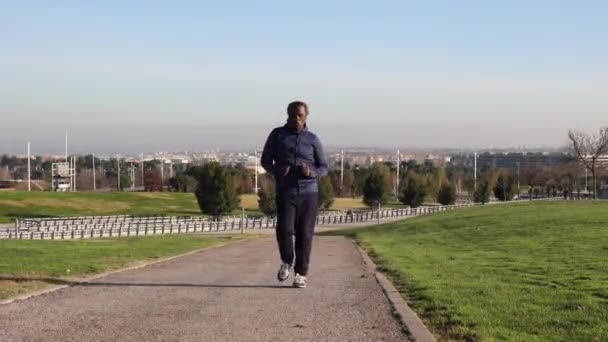 公園で走っているスポーツウェアを着ているアフリカのシニアマン — ストック動画