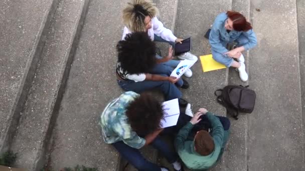 Grupo Estudiantes Multirraciales Haciendo Tareas Aire Libre — Vídeo de stock