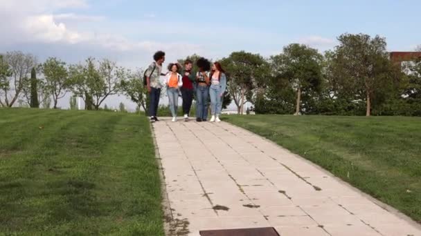 Ομάδα Πολυφυλετικών Μαθητών Που Περπατούν Στο Δρόμο — Αρχείο Βίντεο